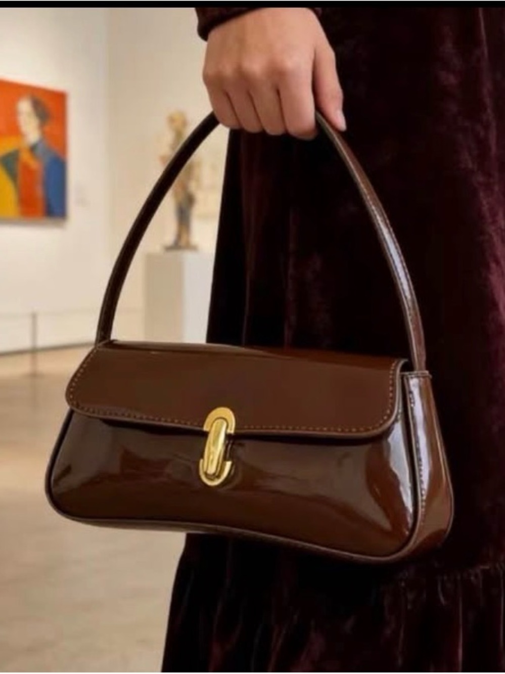 Patent Chocolate Brown Shoulder Bag with Gold Hardware